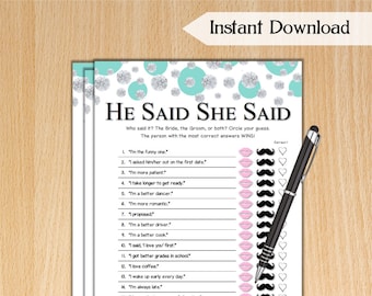 He Said She Said Bridal Shower Game / Turquoise & Diamonds Printable Bridal Shower He Said She Said Game / Bachelorette Party Games TB74