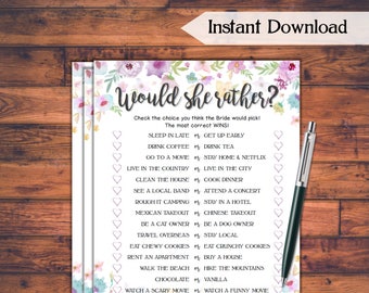 Would She Rather Bridal Shower Game / Wild Flowers Printable Wedding Shower Game / Bachelorette Party / Hen Party / DIY Wedding Games WFL77
