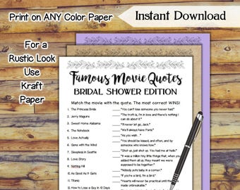 Citations de films célèbres Match jeu de douche nuptiale / jeu de douche de mariage imprimable / simplement jolie douche nuptiale partie de poule / jeu de mariage bricolage SE79