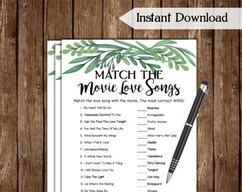 Match the Movie Love Song Bridal Shower Game / Greenery Theme Printable Bridal Shower Game / Bachelorette Party / Hen Party Games GN78