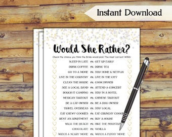 Would She Rather Bridal Shower Game / Gold Silver Confetti Printable Wedding Shower Game / Bachelorette Party Hen Party / DIY Wedding / CX78