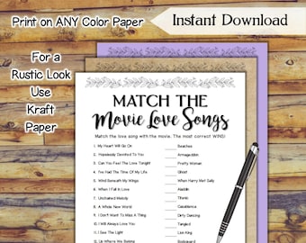 Match the Movie Love Song Bridal Shower Game / Printable Wedding Shower Game / Simply Pretty Bridal Shower Hen Party / DIY Wedding Game SE79