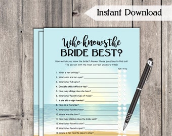 Who Knows the Bride Best? Bridal Shower Game / Beach Theme Printable Bridal Shower Game / Bachelorette Night / Hen Party Game BH74
