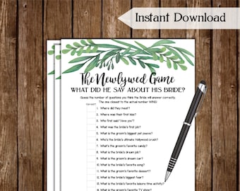 The Newlywed Game Bridal Shower Game / Greenery Printable Wedding Shower Game / Bachelorette Party Hen Party Game / DIY Wedding Games GN78