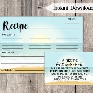 Cartes de recette de douche nuptiale, thème plage, carte de recette imprimable et carte de demande de recette, carte d'insertion, douche nuptiale de mariage de destination BH74
