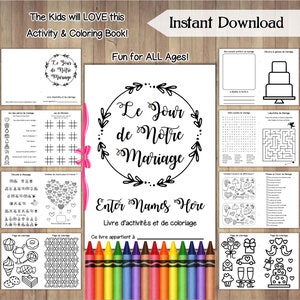 FRENCH Wedding Coloring Book / Wedding Activity Book / Wedding Coloring Pages / Kids Wedding Activities / Printable Editable Cover / A4