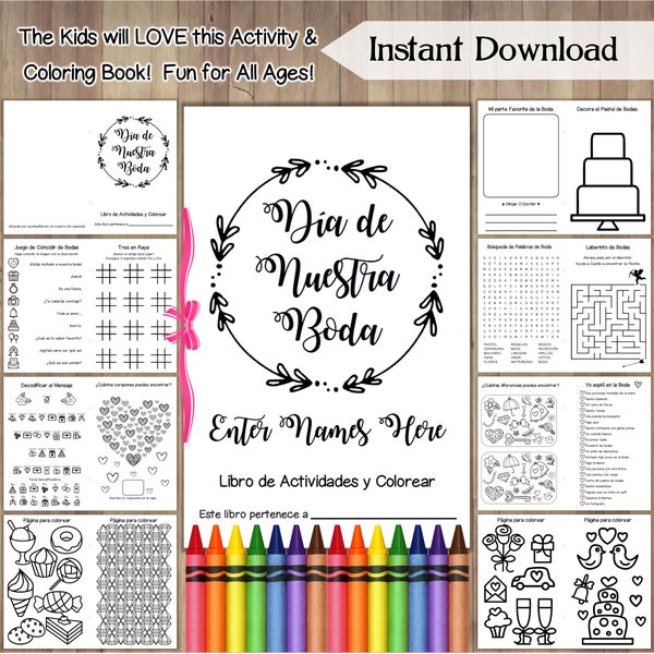 SPANISH Wedding Coloring Book / Wedding Activity Book / Wedding Coloring Pages / Kids Wedding Activities / Printable Editable Cover