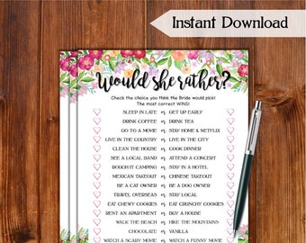 Would She Rather Bridal Shower Game / Flowers Theme Printable Bridal Shower Game / Bachelorette Party Night / Hen Party Game FW76