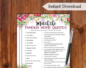 Famous Movie Quotes Match Game Bridal Shower Game / Flowers Theme Printable Movie Quotes Match Game / Bachelorette Party FW76