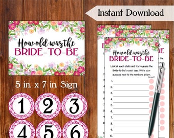 How Old Was The Bride/To/Be? Bridal Shower Game, Flowers Theme Printable Bridal Shower Game / Bachelorette Party / Hen Party FW76