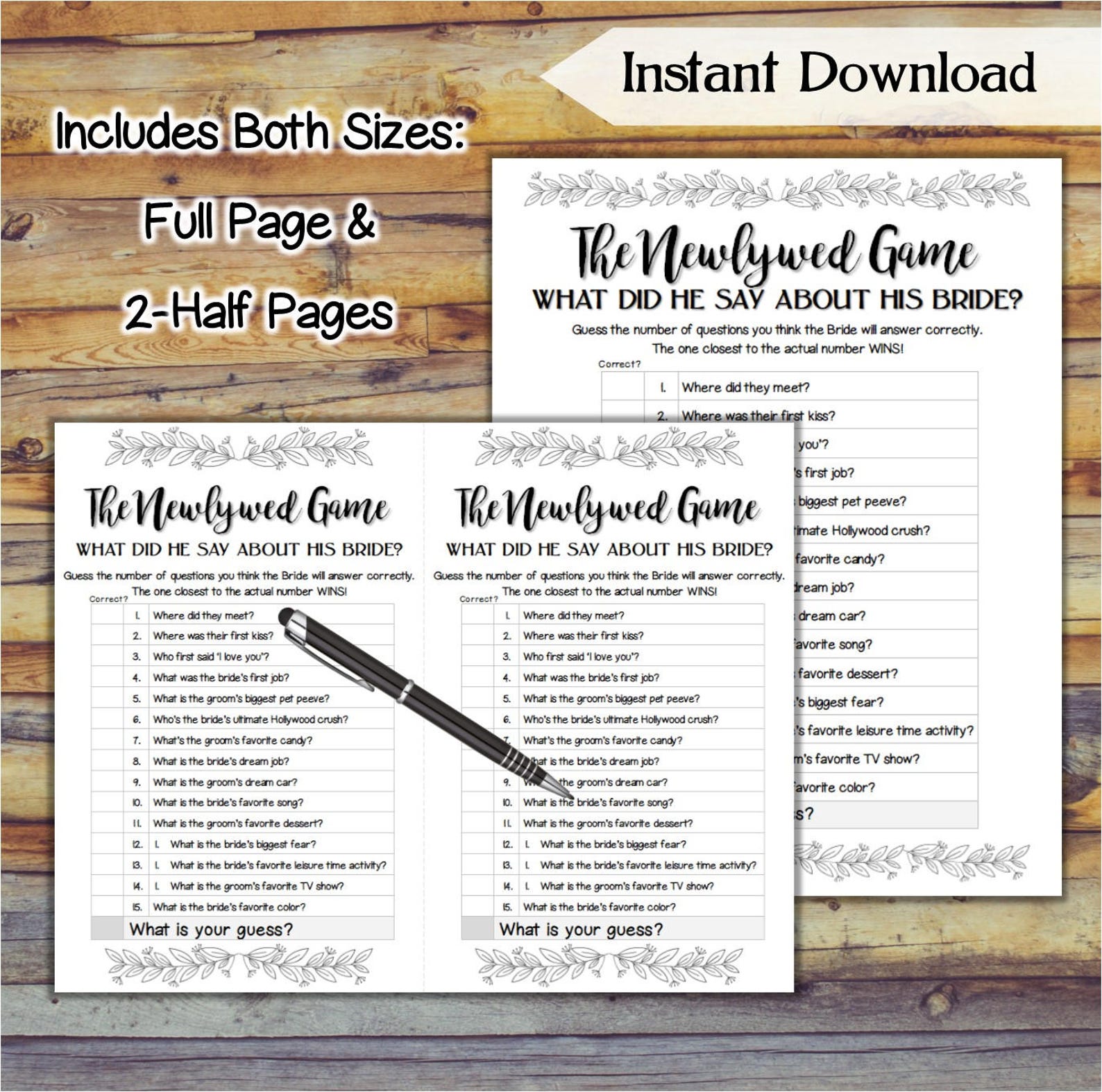 The Newlywed Game Bridal Shower Game / Simply Pretty Printable Etsy