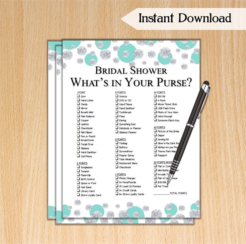 What's in Your Purse Bridal Shower Game / Tiffany Diamonds Etsy