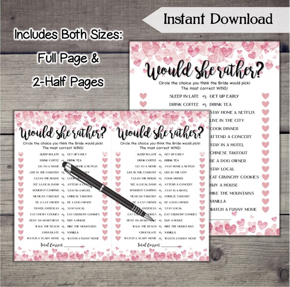 VH75 Bachelorette Party Night Hen Party Game Would She Rather Bridal Shower Game DIY Wedding Hearts Printable Bridal Shower Game