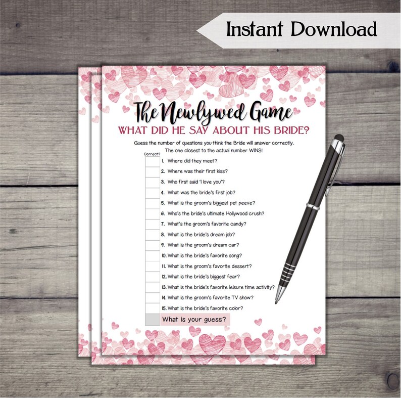 The Newlywed Game Bridal Shower Game / Hearts Printable Etsy