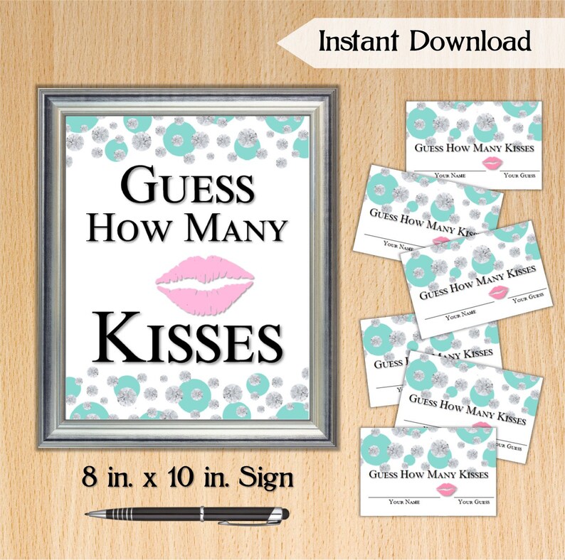 Guess How Many Kisses Bridal Shower Game Set - 1 Sign & 50 Cards, Pink Floral Wedding Party Activity - View #2