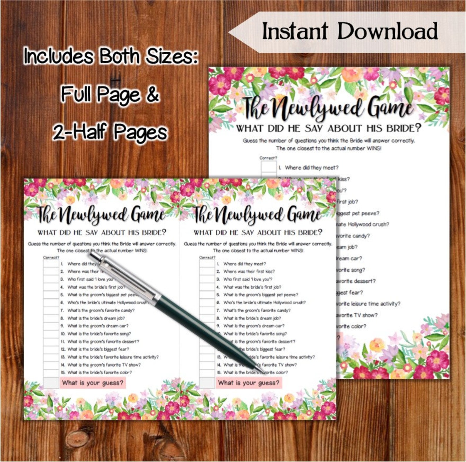 The Newlywed Game Bridal Shower Game / Flowers Theme Printable Etsy