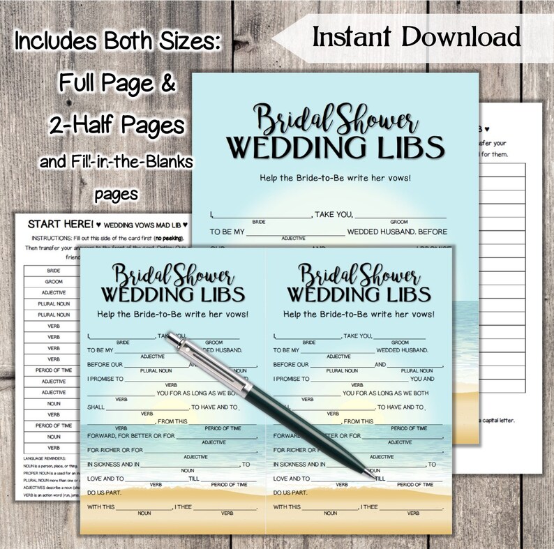 Wedding Libs Bridal Shower Game / Beach Printable Wedding - Etsy