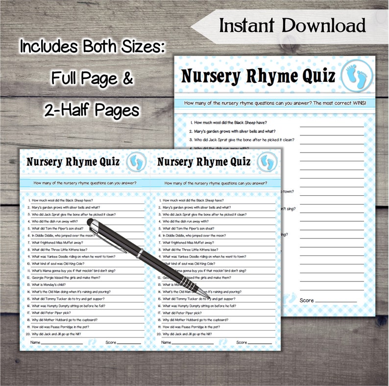 Nursery Rhyme Quiz Baby Shower Game / Printable Baby Boy Etsy