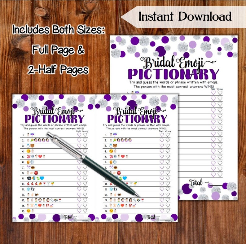 Bridal Shower Game Emoji Pictionary Purple Dots & Diamonds | Etsy