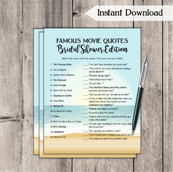 Famous Movie Quotes Match Bridal Shower Game Beach Theme Etsy