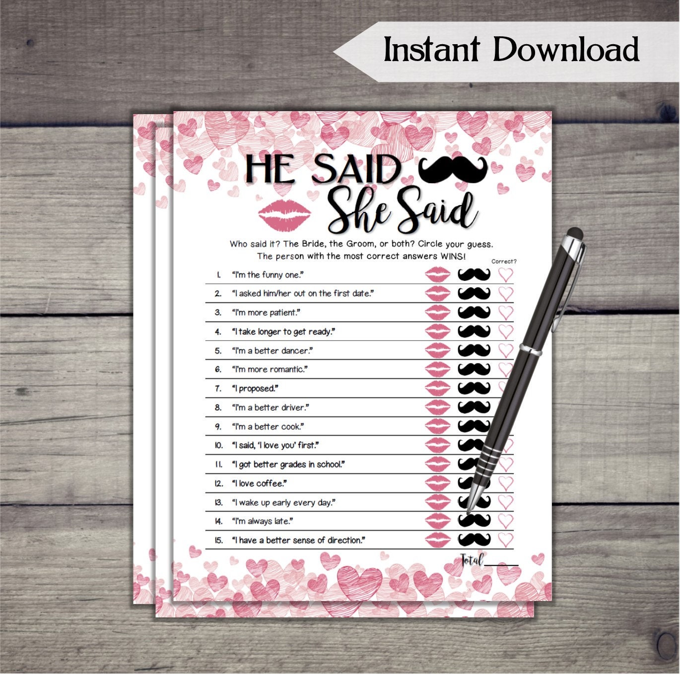 VH75 Bachelorette Party Night Hen Party Game Would She Rather Bridal Shower Game DIY Wedding Hearts Printable Bridal Shower Game