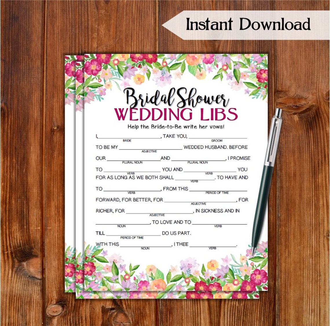 Wedding Libs Bridal Shower Game / Flowers Theme Printable | Etsy