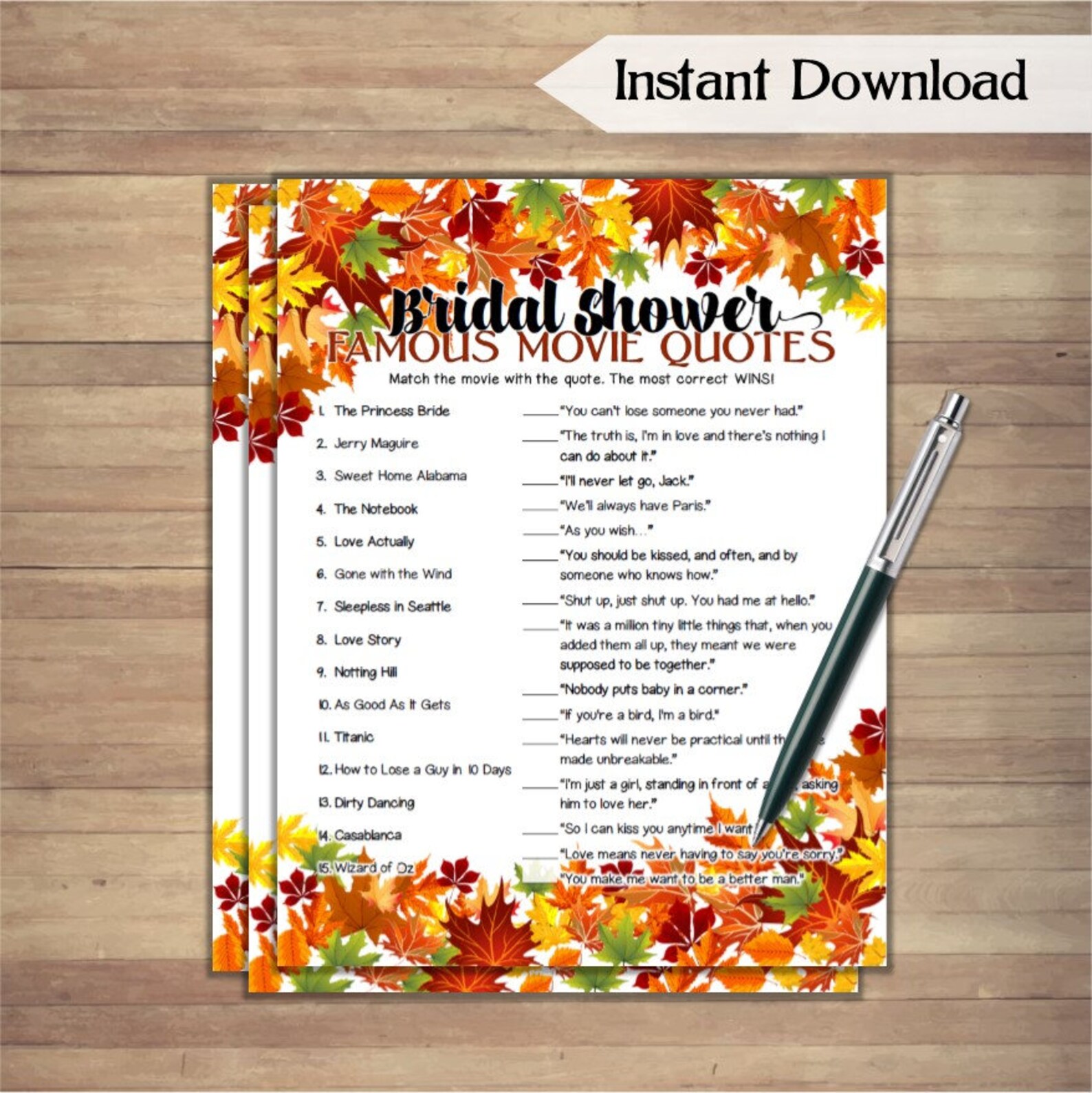 Match Movie Quotes Bridal Shower Game / Printable Autumn Etsy