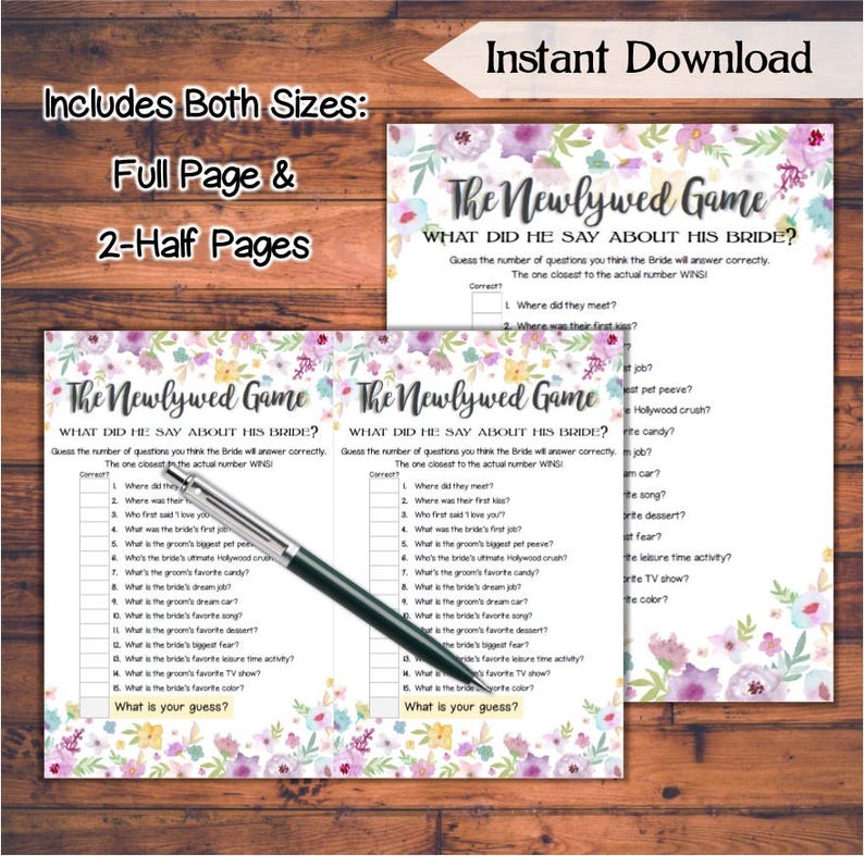 The Newlywed Game Bridal Shower Game / Wild Flowers Theme Etsy