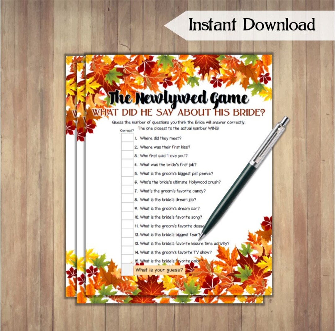 The Newlywed Game Bridal Shower Game / Printable Autumn Wedding Shower ...