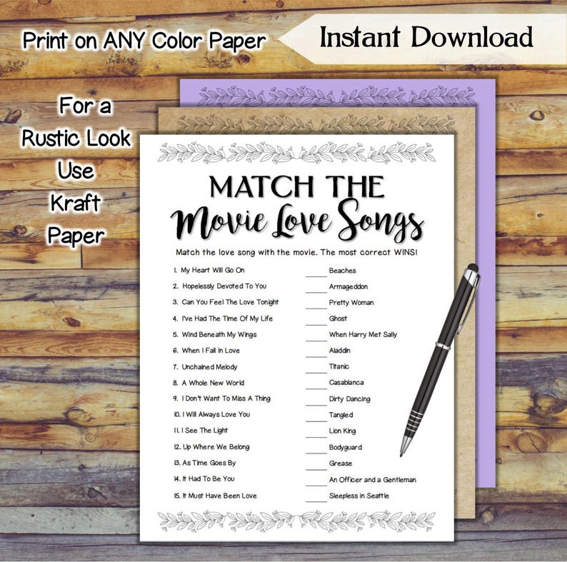 Match the Movie Love Song Bridal Shower Game / Printable Etsy