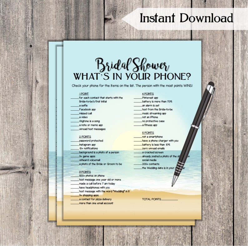 Whats In Your Phone Bridal Shower Game Beach Printable Wedding Shower Game Bachelorette Party Hen Party Diy Wedding Games Bh74