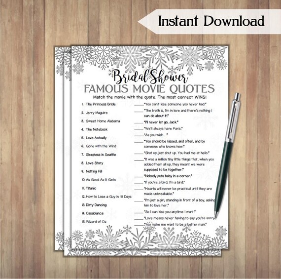 Famous Movie Quotes Match Game Bridal Shower Game Snowflakes Etsy