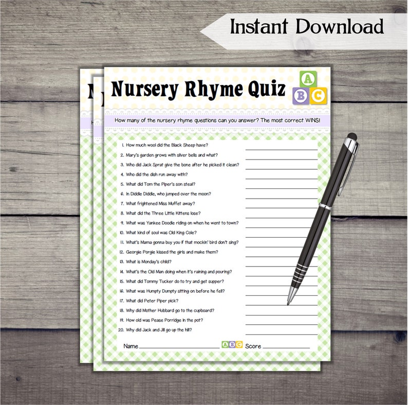 Nursery Rhyme Quiz Baby Shower Game / Printable Baby Shower Etsy