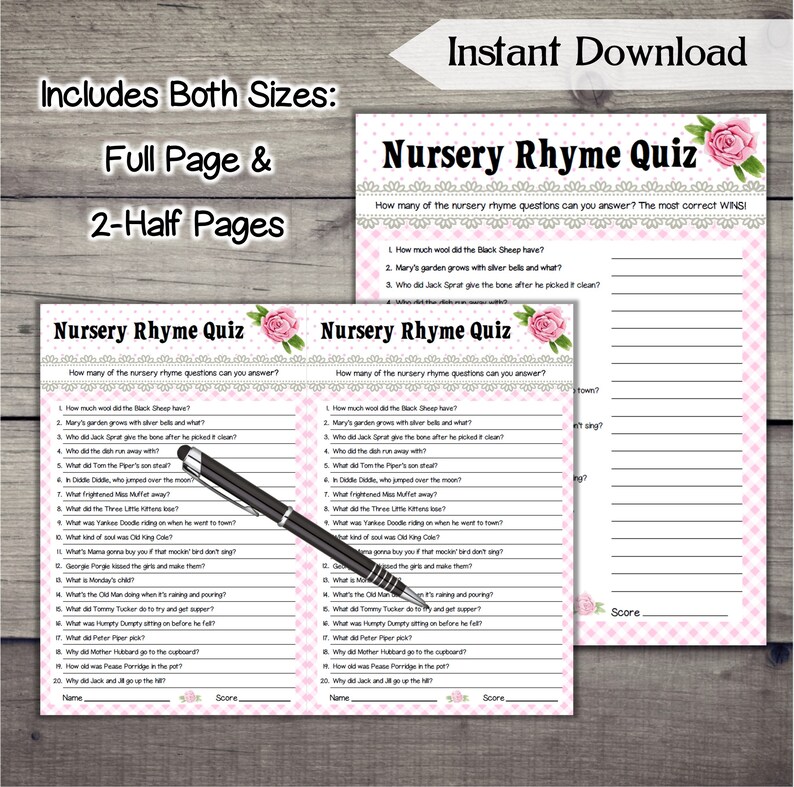 Nursery Rhyme Quiz Baby Shower Game / Printable Baby Girl Etsy Australia