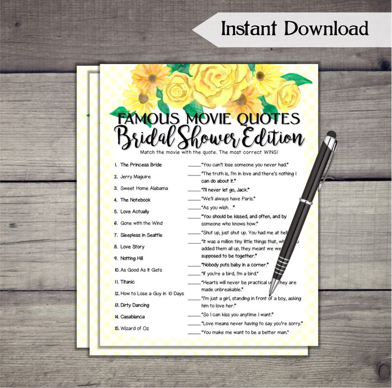 Famous Movie Quotes Match Bridal Shower Game Yellow Flowers Etsy