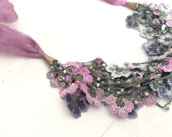 Women's necklace with crochet beads and 100% silk.Crochet knit flower,Jewelry,Art decor,celebrations,Silk fabric,Spring,summer,crochet,love