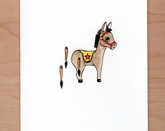 Retro Pin the tail on the donkey Birthday Card, Illustrated Birthday Card, Handmade Birthday Card