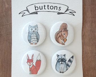 Set of 4 Cute Animal Pin Back Buttons, Woodland Animal Pins, Animal Badges, 1 inch buttons