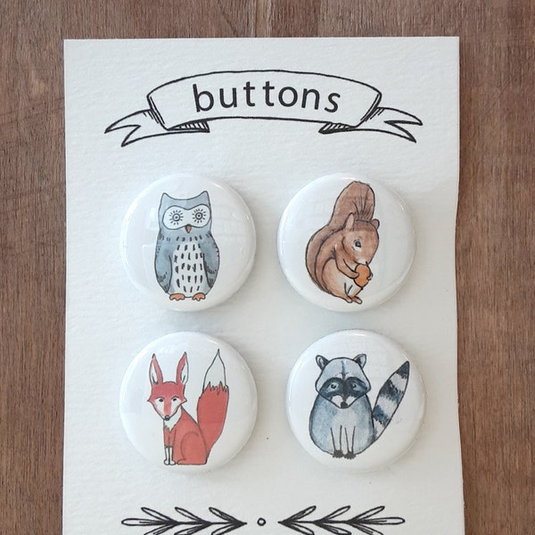 Set of 4 Cute Animal Pin Back Buttons, Woodland Animal Pins, Animal Badges, 1 inch buttons