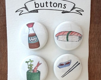 Set of 4 sushi themed pin back buttons, sushi badges, 1 inch pins