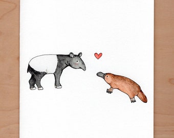 Tapir and platypus Valentine Card, Love Card, Anniversary Card