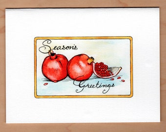 Vintage Pomegranets Seasons Greetings Card, Holiday Card, Christmas Card, Hanukkah Card