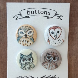Set of 4 owl button pins, Owl badges, 1 inch buttons