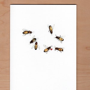 pen and ink and watercolor illustrated honey bees scattered across the front of this card... one bee is giving another a little red heart
