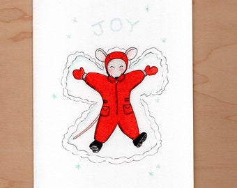 Mouse snow angel Holiday card, Christmas card, Handmade Christmas Card, Non denominational Holiday card