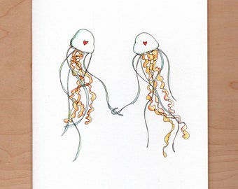 Jellyfish love card, Anniversary Card, Valentine, illustrated card, pun card, Valentine Card