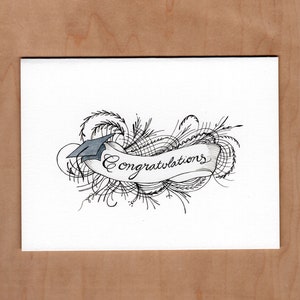 May include: A black and white illustration of a graduation cap and a banner with the word "Congratulations" on it.