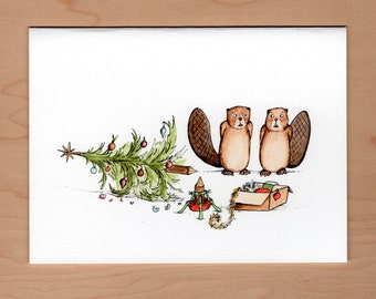 Beaver Christmas Tree Card, Christmas Card, Funny Christmas Card