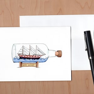 Ship in a bottle birthday card, Nautical Birthday card
