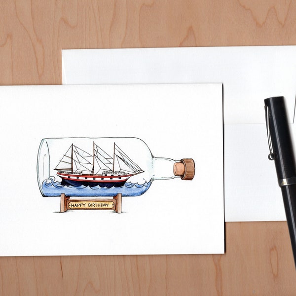 Ship in a bottle birthday card, Nautical Birthday card